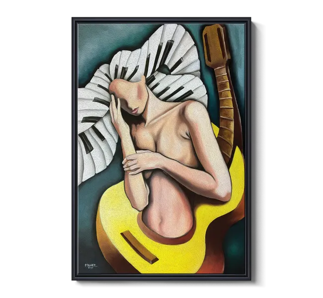 faceless person popping out of a guitar next to piano keys
