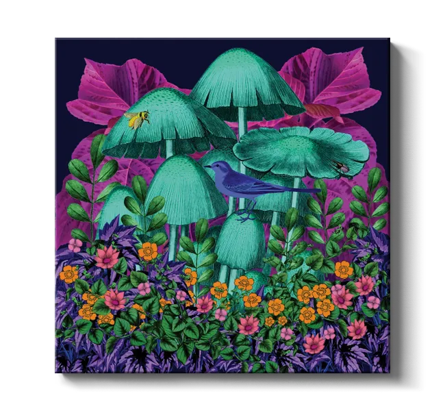 colorful mushrooms and flowers