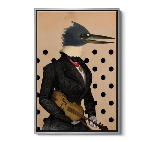 portrait of a bird with human body holding a violin