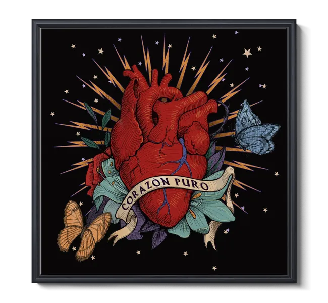anatomical heart against a black background surrounded by butterflies