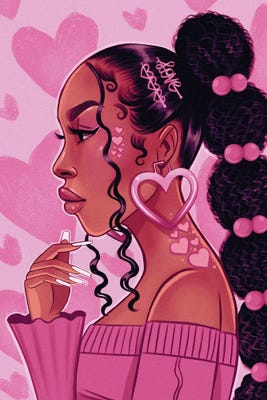 woman in pink with heart earrings