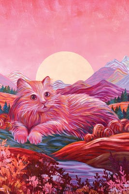 big pink cat in colorful mountains