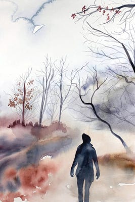 silhouette of woman walking in winter forest