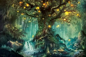 large tree full of glowing lights surrounded by waterfall