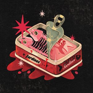 an open can of sardines with skeletal sardines inside