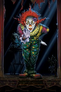 creepy clown standing in doorway leaning in while holding a knife