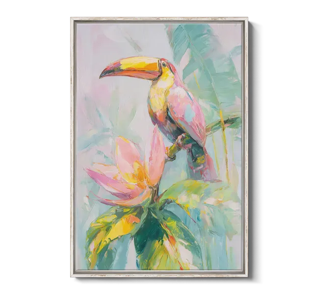 colorful tropical bird on pink flowers