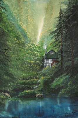 cabin sitting in green mountains