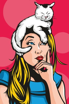blonde woman with cat on her head