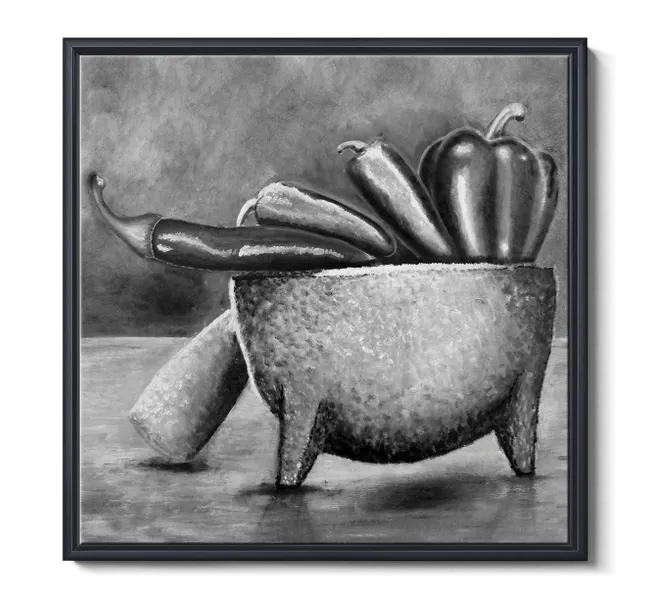 black and white image of a bowl of chili peppers