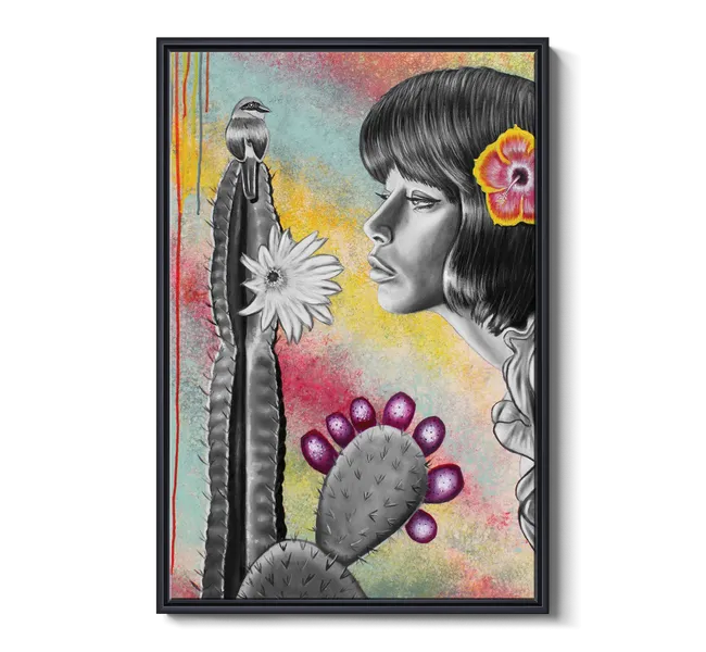 woman looking at a cactus against colorful background