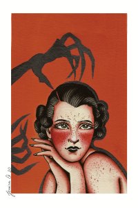 portrait of woman with dark hair with creepy hands above her against a red background
