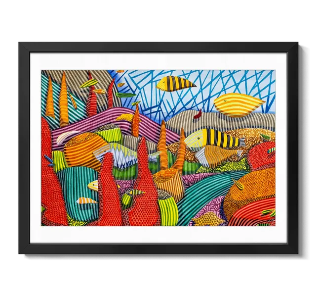 colorful striped scene with tropical fish