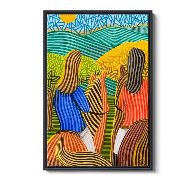 colorful striped landscape scene with two women riding horses