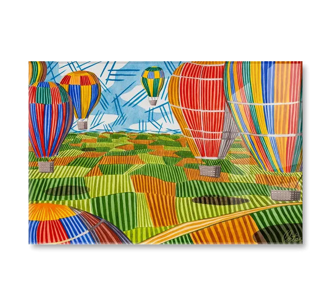 colorful striped landscape scene with hot air balloons