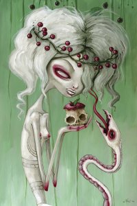 Portrait of a ghostly woman with berries in her hair holding an apple skull