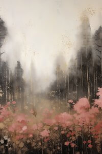 misty forest with pink flowers