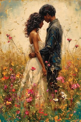 couple hugging in flower field