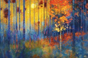 orange and yellow forest with a glowing sun