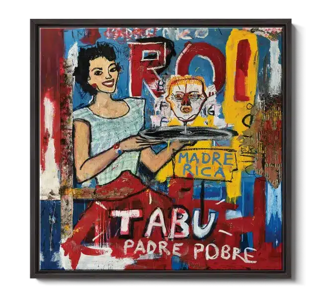 abstract grafitti of woman holding tray with man's head