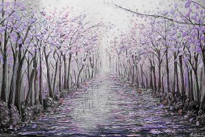 textured trees with purple flowers