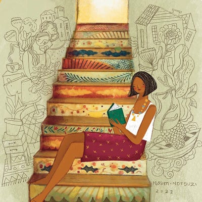 woman reading book on colorful stairs