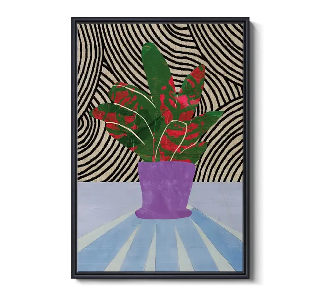 a green plan in a purple vase against a patterned background