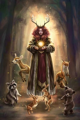 woman holding orb in forest surrounded by wild animals