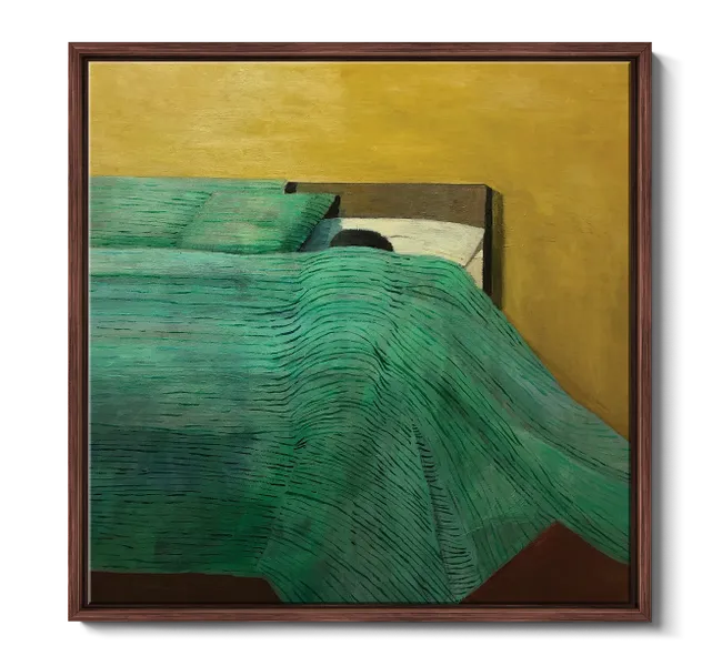 person underneath green bedding on a bed with a yellow wall