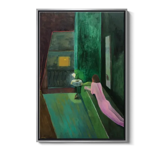woman wearing pink lying in green bed in green room