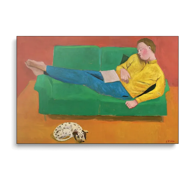 man in yellow shirt and blue pants lying on green couch next to dalmation