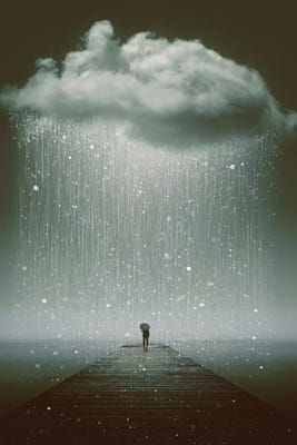 person standing under cloud with rain