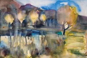 abstract soft forest surrounded by a lake