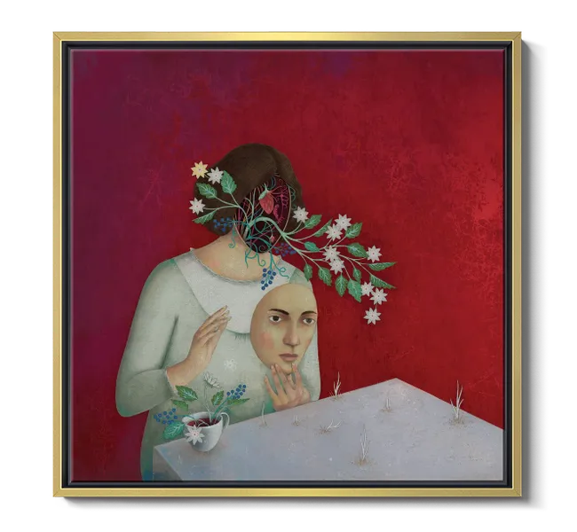 surreal portrait of woman holding a mask of a face