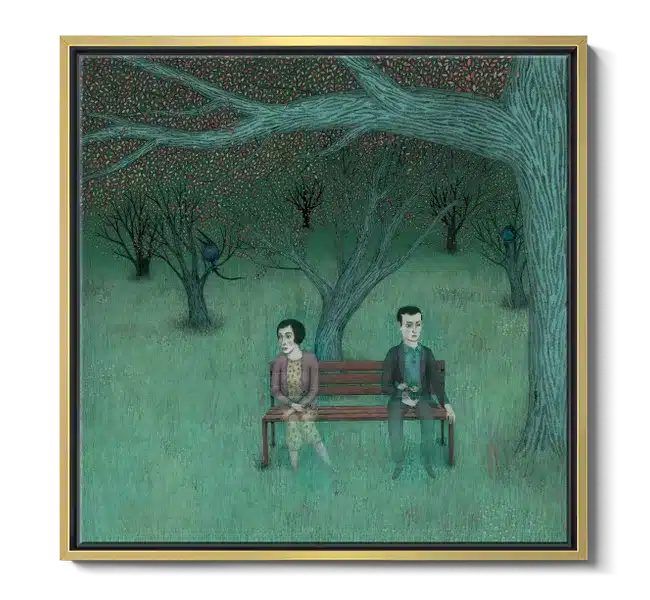 two ghostly figures on a bench surrounded by trees