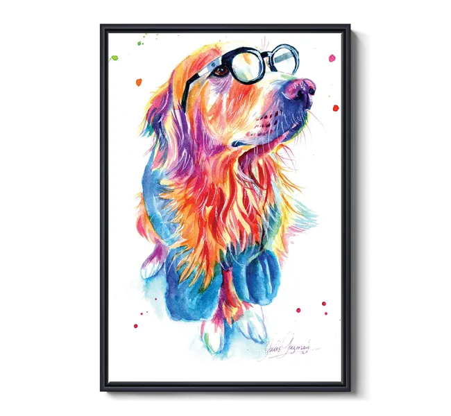 colorful portrait of golden retriever wearing glasses