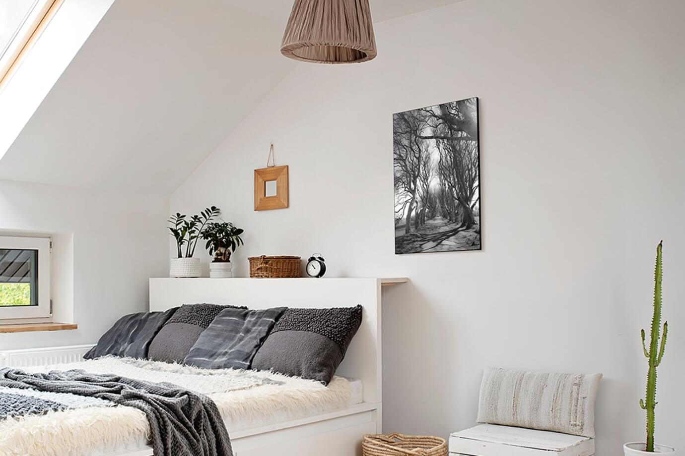 black and white forest art in bedroom