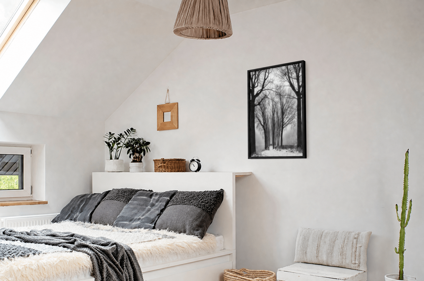 black and white forest art in bedroom