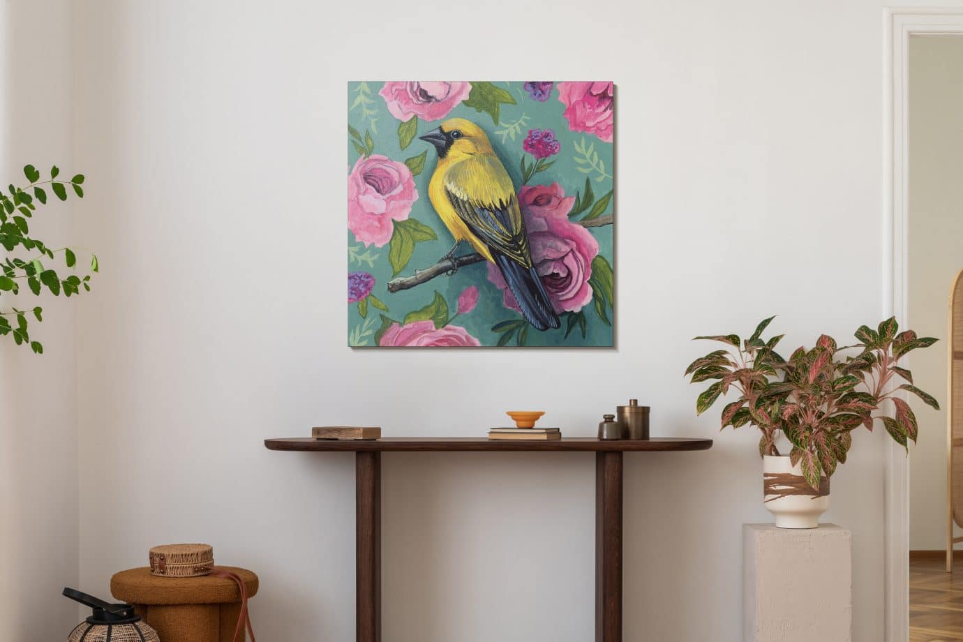 bird spring art in entryway