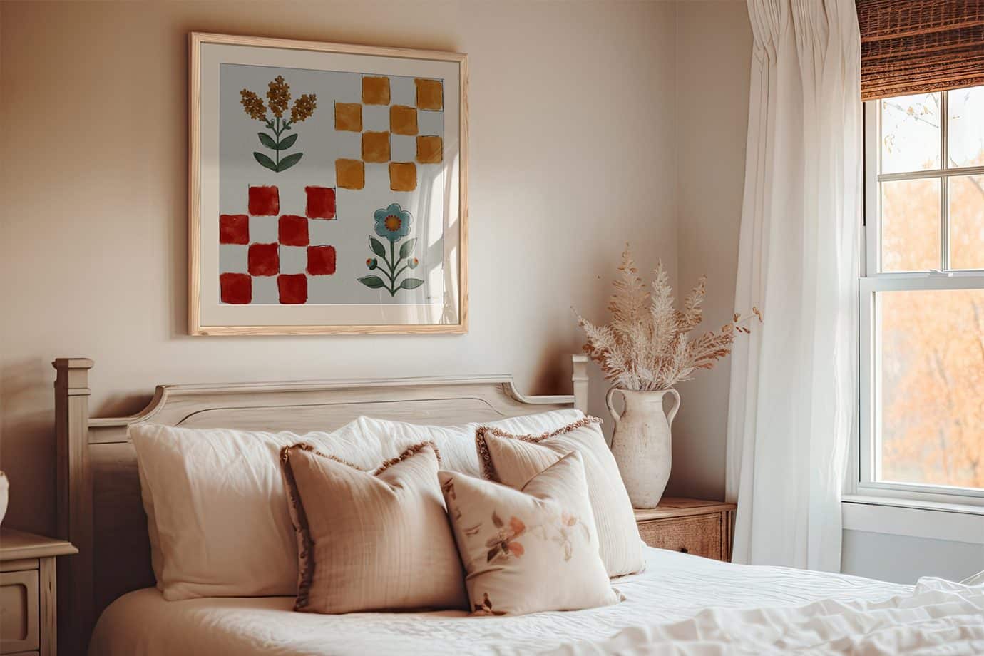 seasonal spring art above bed