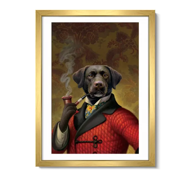Portrait of brown labrador dog in red jacket holding a pipe