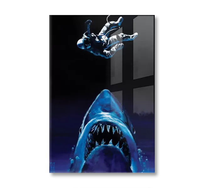 Astronaut floating above shark