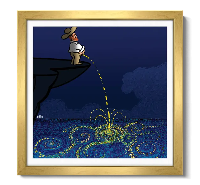 Man peeing off the side of a cliff into a yellow and blue swirly water