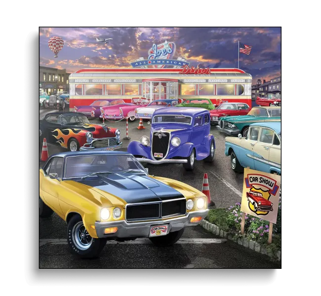 Retro cars in parking lot of diner