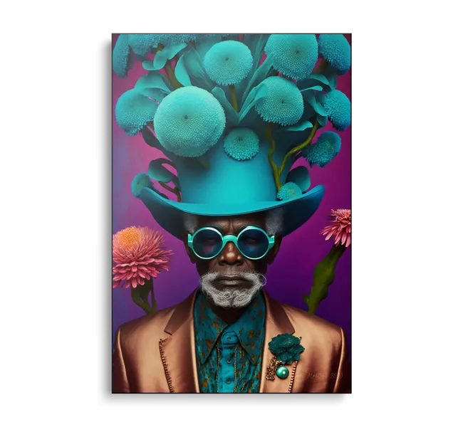 Portrait of black man with bright blue floral hat and metallic suit