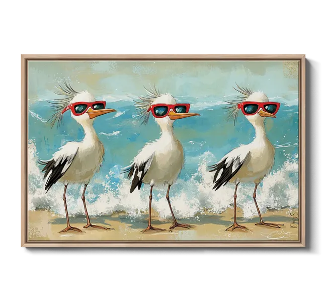 Three seagulls standing on beach wearing sunglasses