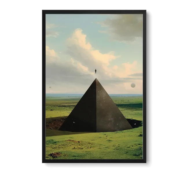 Small man floating above a pyramid