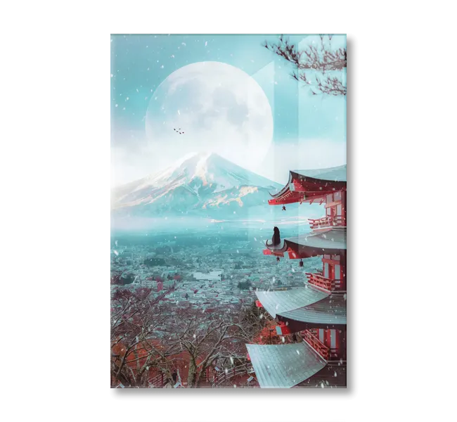Black cat sitting on structure in front of a mountain with a full moon