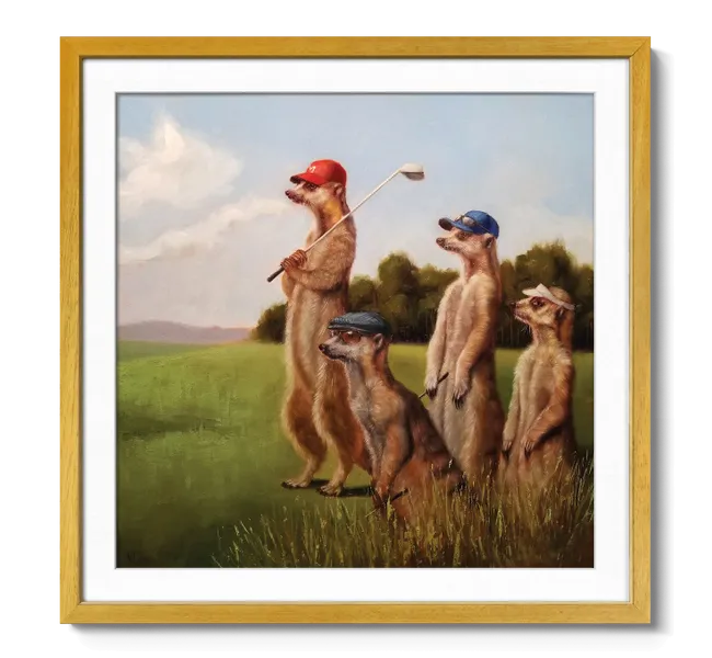 Gophers wearing golf hats playing golf