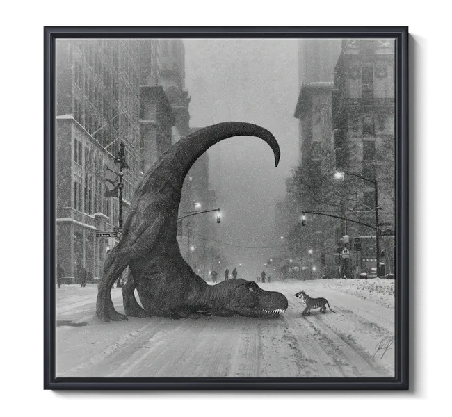 Dinosaur playing in a snowy street with a tiger